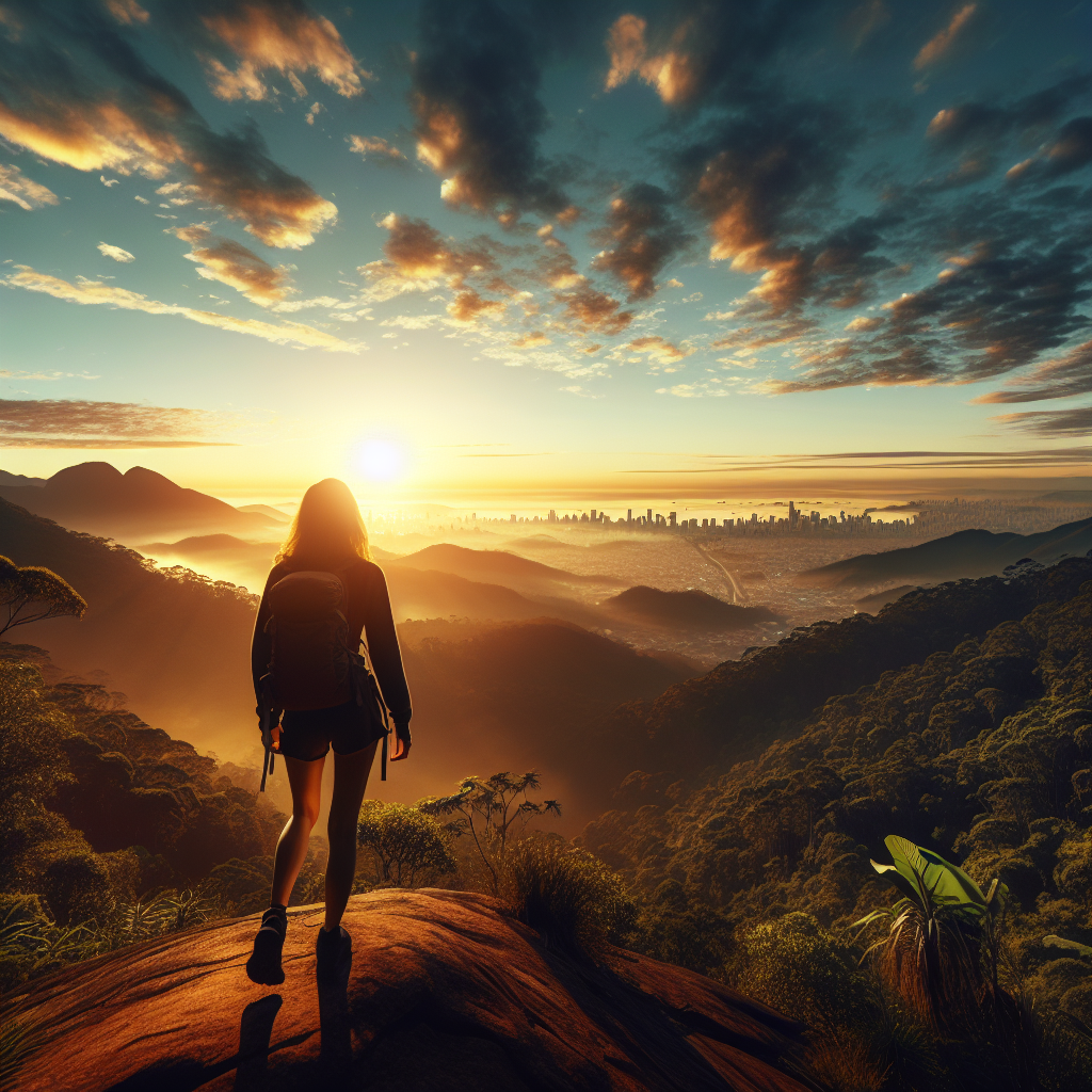 Panoramabilde av en turgåer på en fjellrygg nær São Paulo ved soloppgang, utsikt over skogkledde åser og byens silhuett i det fjerne, naturtro, høy oppløsning