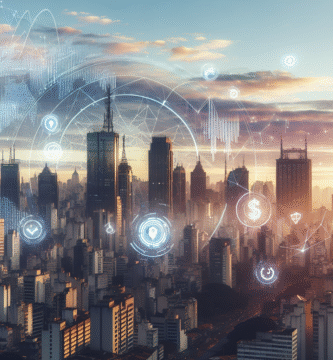 Oversiktsbilde av São Paulo skyline i mykt morgenlys med økonomiske grafer og investeringselementer subtilt integrert, moderne og profesjonelt