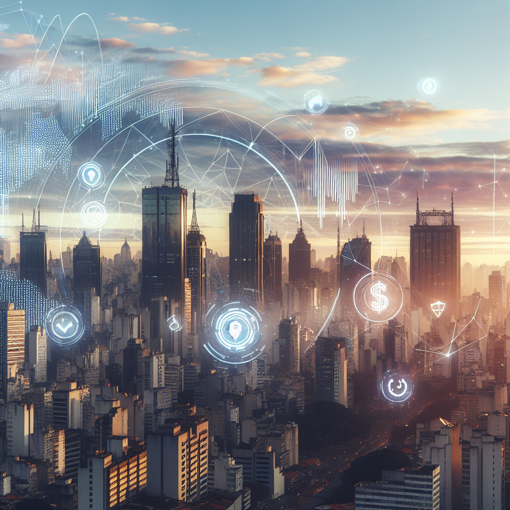 Oversiktsbilde av São Paulo skyline i mykt morgenlys med økonomiske grafer og investeringselementer subtilt integrert, moderne og profesjonelt