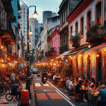 Stemningsfull gate i São Paulo ved skumring med små restauranter, varme lys, mennesker som spiser utendørs, fargerike fasader og lokal atmosfære