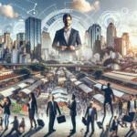 Panoramabilde av São Paulo skyline med mennesker i arbeidssituasjoner, kontor og marked i forgrunnen, moderne og profesjonell stil