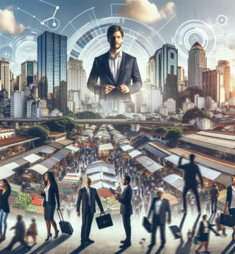 Panoramabilde av São Paulo skyline med mennesker i arbeidssituasjoner, kontor og marked i forgrunnen, moderne og profesjonell stil