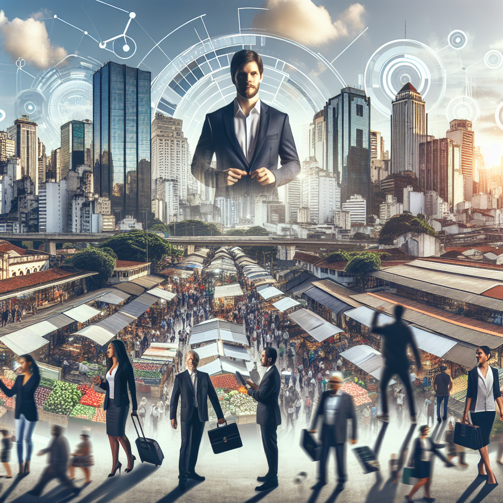 Panoramabilde av São Paulo skyline med mennesker i arbeidssituasjoner, kontor og marked i forgrunnen, moderne og profesjonell stil