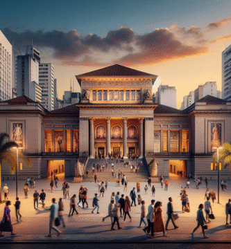 Storbybilde av São Paulo med ikoniske museumfasader, mennesker som går mot inngang, varm kveldsbelysning, moderne fotografisk stil
