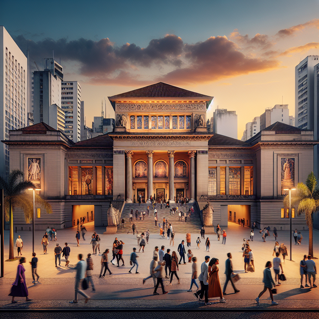Storbybilde av São Paulo med ikoniske museumfasader, mennesker som går mot inngang, varm kveldsbelysning, moderne fotografisk stil