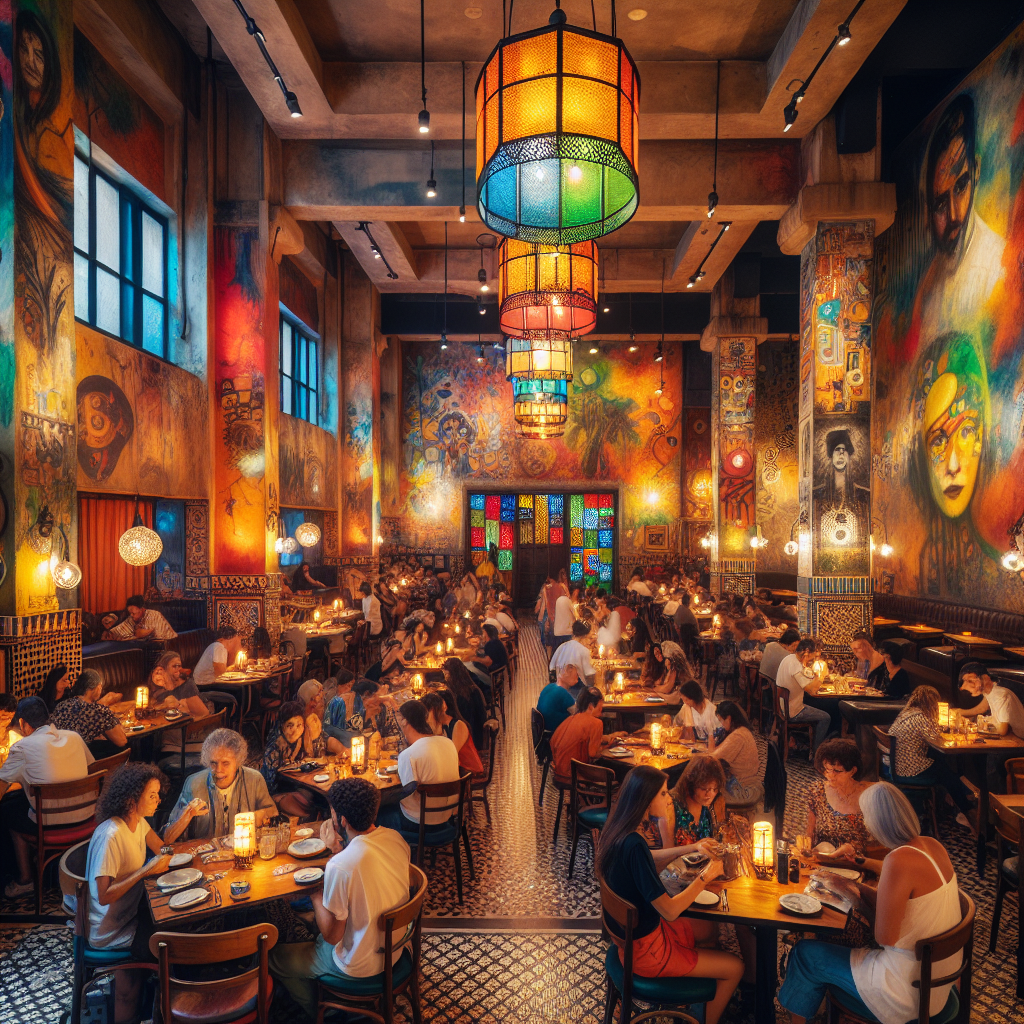 Livlig interiør fra en São Paulo-restaurant: moderne og tradisjonelle detaljer, mennesker som spiser, fargerik belysning, varm atmosfære