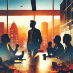 Norsk profesjonell i moderne São Paulo: nettverksmøte i coworking, bysilhuett i bakgrunnen, varm fargepalett, profesjonell og optimistisk stemning