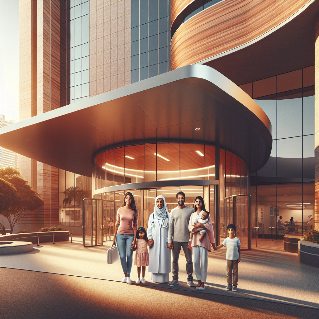 Foto av moderne sykehusinngang i São Paulo med flerkulturell pasientfamilie utenfor, dagslys, varm fargepalett, fokus på trygghet og internasjonal atmosfære