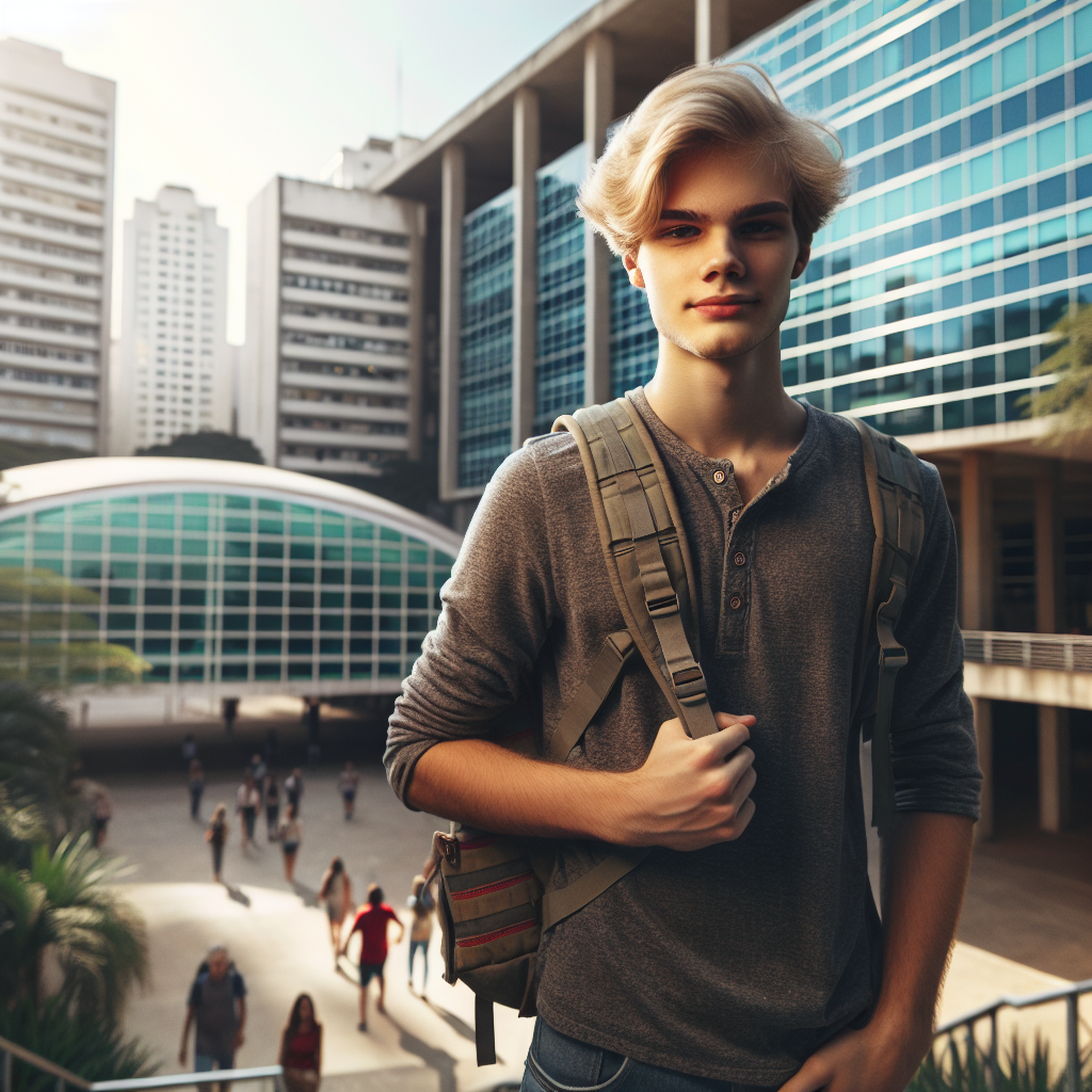 Ung norsk elev i São Paulo foran en moderne skolebygning, blanding av norsk og brasiliansk atmosfære, sollys, urbant bakteppe, realistisk fotografisk stil